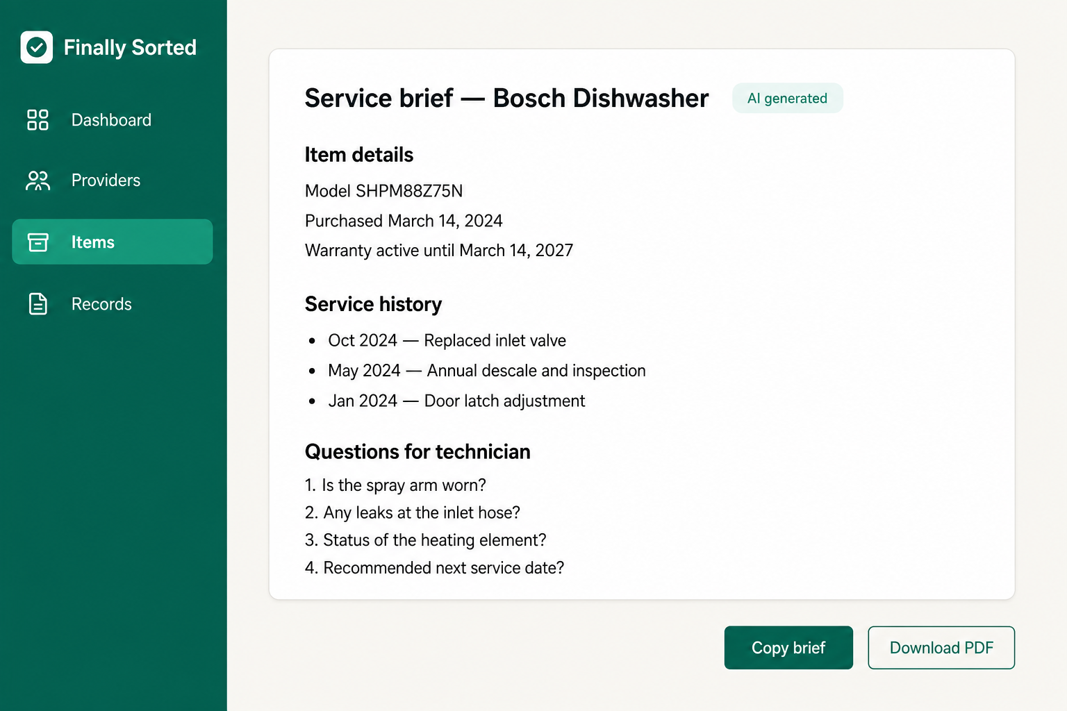 AI-generated service brief in Finally Sorted